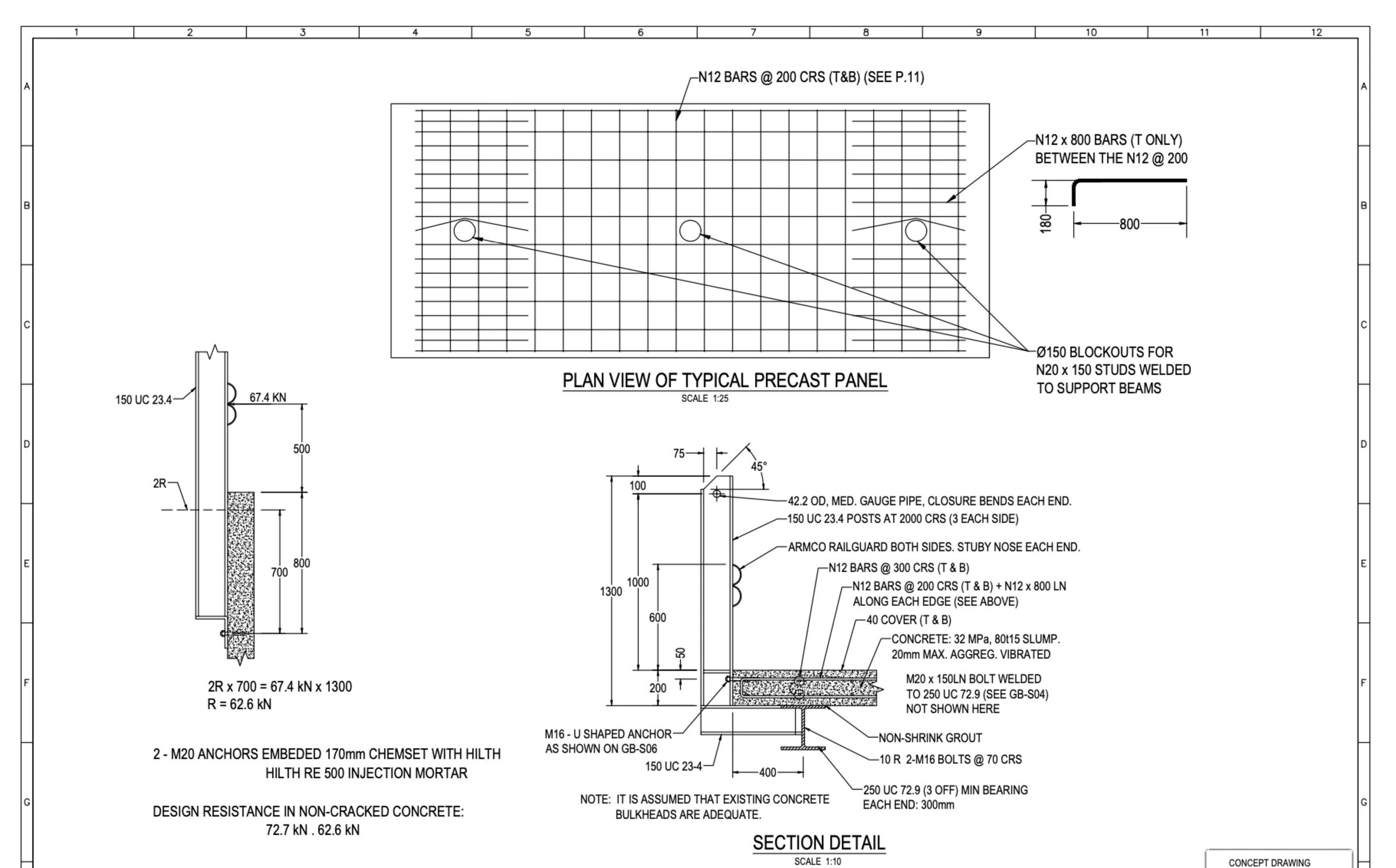 Structural detail sheet showing precast panel plan view and section detail with reinforcement callouts. Title block removed.