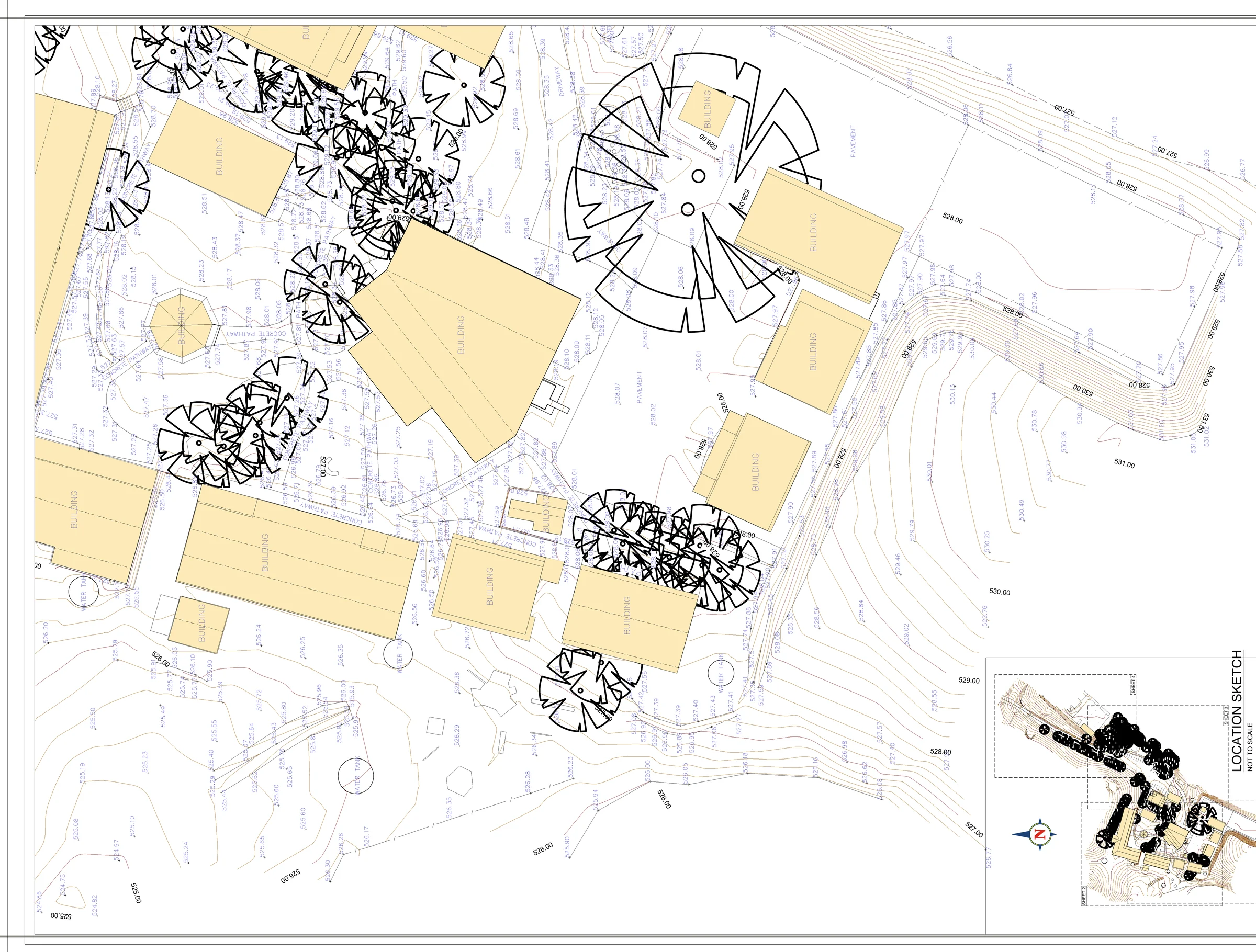 Detail survey plan showing contours, spot levels, building outlines, tree canopies, pavement edges and a location sketch inset. Title block removed.