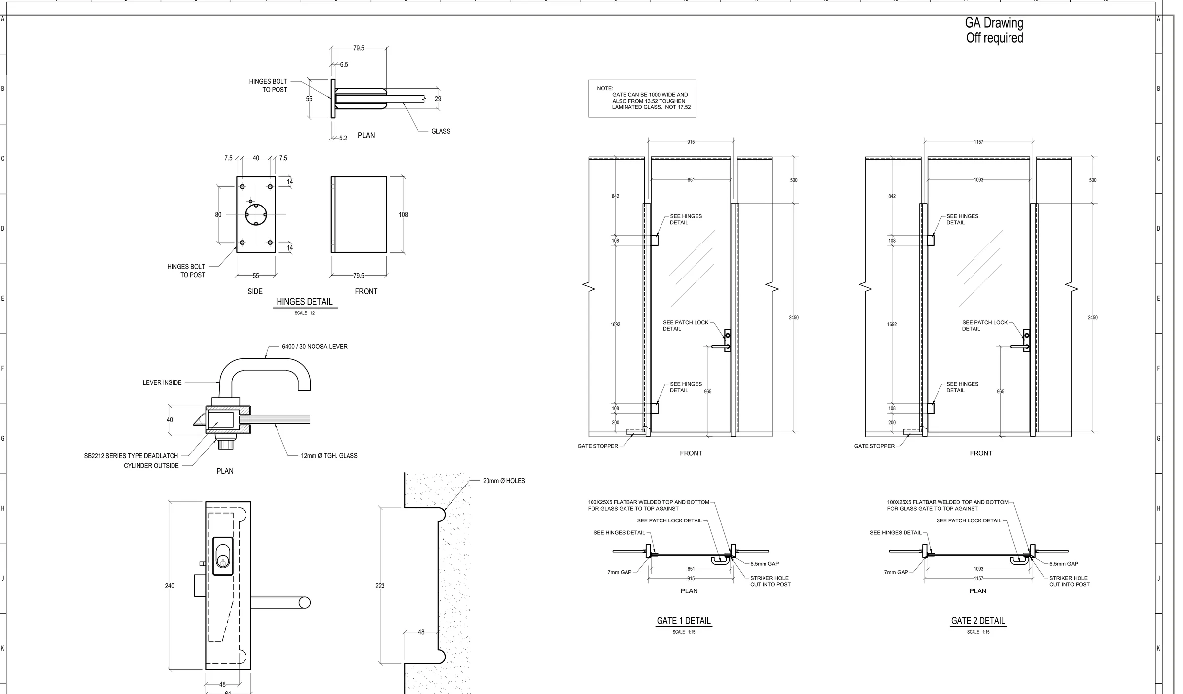 Glazed balustrade sheet showing hinge detail, patch lock detail, gate elevations and glass preparation. Title block removed.