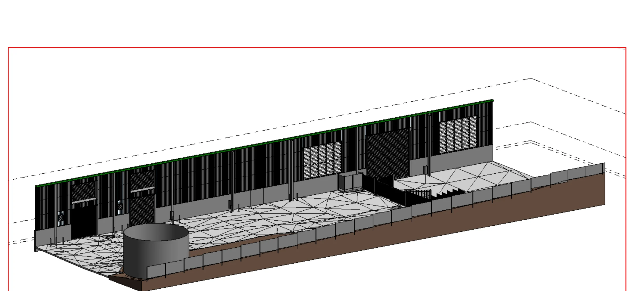 Revit model view of an existing structure showing louvred enclosure, hardstand, access stair, perimeter fencing and a tank inside the site boundary. Title block removed.