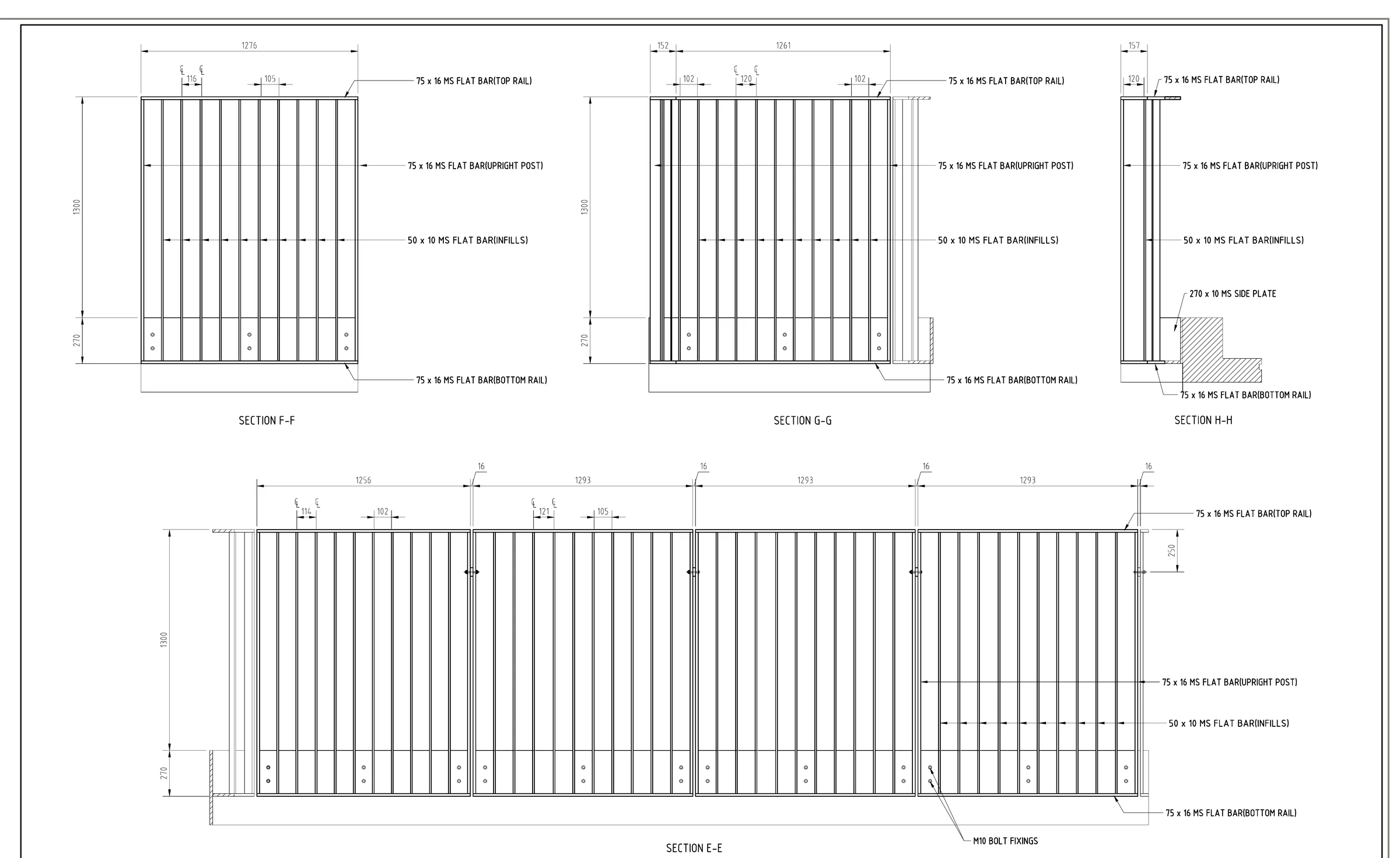 Balustrade sections E-E to H-H showing flat-bar top rail, upright posts, infills, side plate and M10 bolt fixings, dimensioned 1300 high. Title block removed.