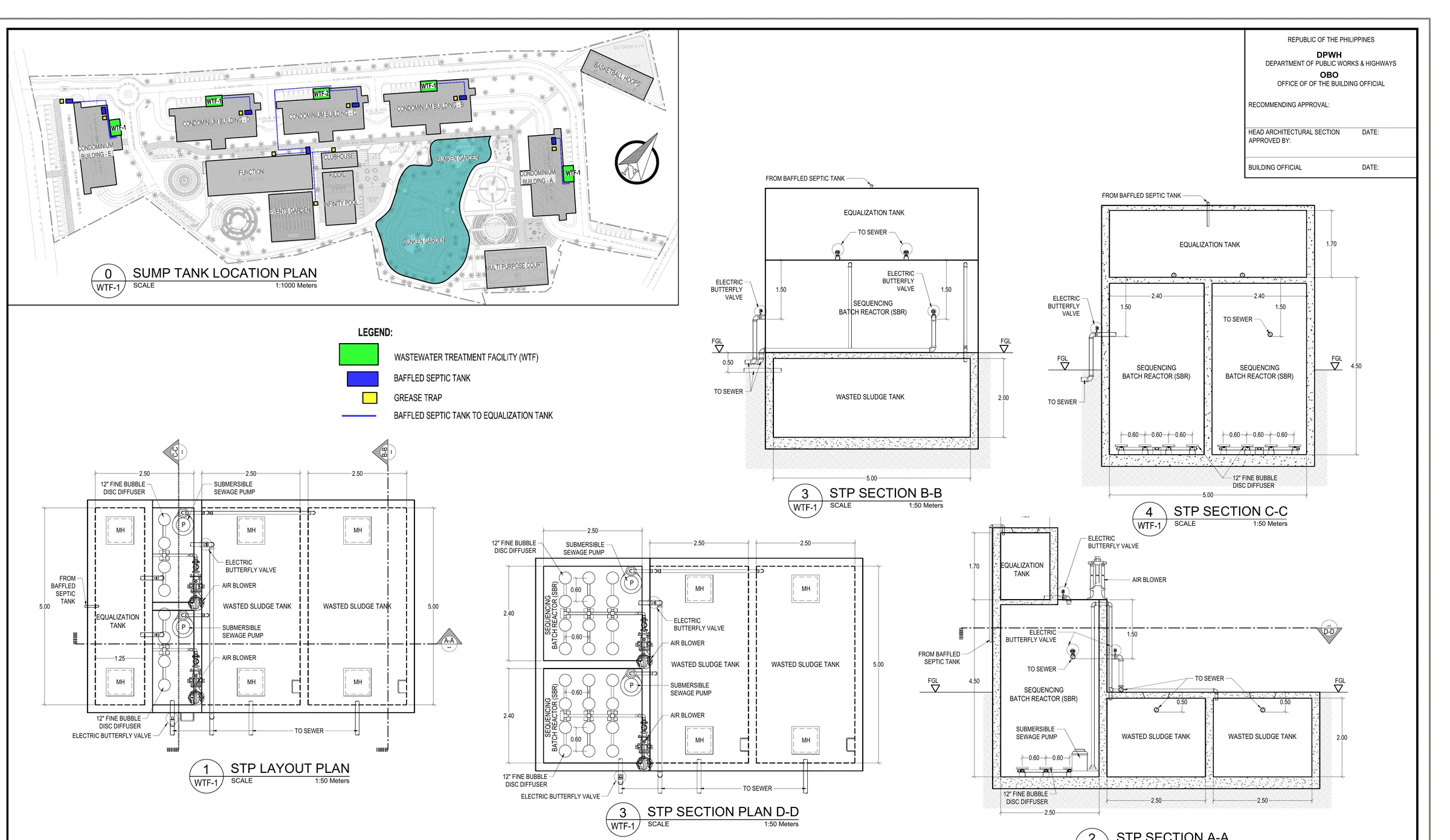 Sewage treatment plant layout plan and sections showing sequencing batch reactors, equalisation tank and sludge tanks. Title block removed.