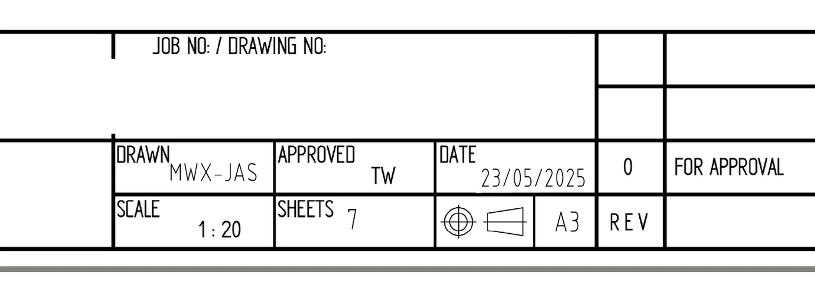 Title block showing DRAWN: MWX-JAS, APPROVED: TW, DATE 23/05/2025, SCALE 1:20, SHEETS 7, A3, REV 0, FOR APPROVAL. Client name and job number removed.